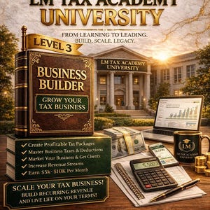 May include: An advertisement for LM Tax Academy University. The image features a book labeled "Business Builder" and a laptop displaying financial data. Other elements include a calculator, money, and a mug with the academy's logo.