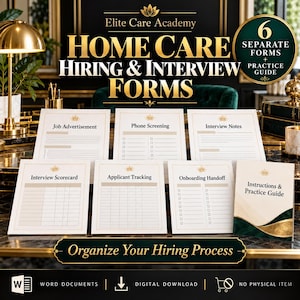 Puede incluir: Un conjunto de seis formularios impresos para la contratación y entrevistas de cuidado en el hogar, que incluyen anuncio de empleo, selección telefónica, notas de entrevista, hoja de evaluación, seguimiento de candidatos y una guía.