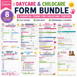 May include: A digital bundle of eight colorful daycare and childcare forms including a child information sheet, emergency contact form, medical authorization, allergy information, immunization record, photo release, and pick-up authorization.