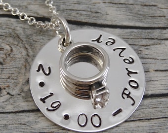 Hand Stamped Jewelry - Personalized Jewelry - Couples Necklace - Sterling Silver Necklace - Engagement Ring Charm