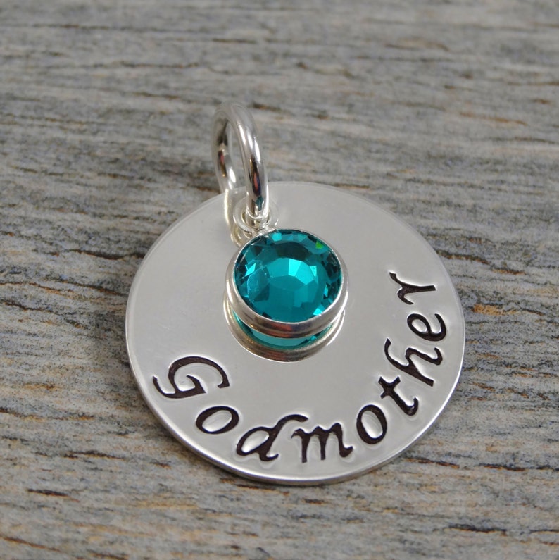 Hand Stamped Jewelry Personalized Jewelry Charm For Necklace Sterling Silver Circle Godmother & Birthstone image 1