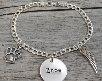 Hand Stamped Jewelry - Personalized Jewelry - Pet Remembrance Bracelet - Sterling Silver Bracelet - Paw Print Charm - Angel Wing Charm