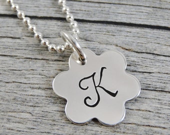 Hand Stamped Jewelry - Personalized Jewelry - Initial Necklace - Sterling Silver Necklace - Flower