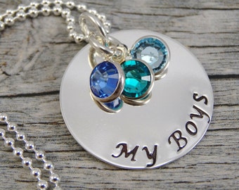 Hand Stamped Jewelry - Personalized Jewelry - Mom Necklace - Sterling Silver Necklace - Three Birthstones - My Boys