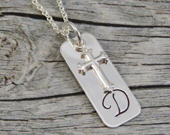 Initial Necklace With Cross Charm - Hand Stamped Jewelry - Personalized Jewelry - Sterling Silver Necklace - Rectangle