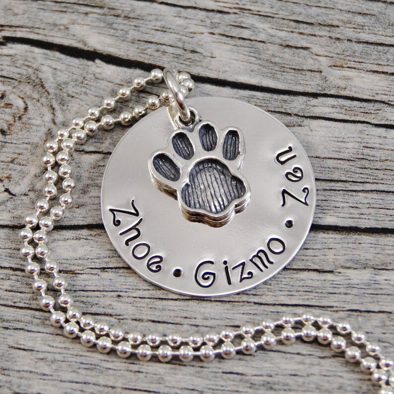 Mom Necklace For Pet Owner Hand Stamped Jewelry Pet Jewelry Personalized Jewelry Sterling Silver Necklace Paw Print Charm image 2