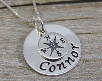 Hand Stamped Jewelry - Personalized Jewelry - Sterling Silver Necklace - Compass Charm and Name