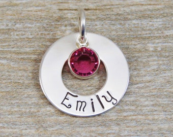 Hand Stamped Jewelry - Personalized Jewelry - Charm For Necklace - Sterling Silver Washer - Name & Birthstone