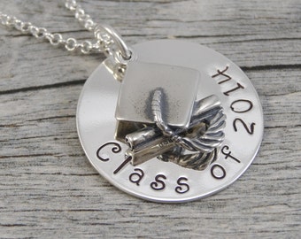 Hand Stamped Jewelry - Personalized Jewelry - Graduation Necklace - Sterling Silver Necklace - Graduation Cap Charm