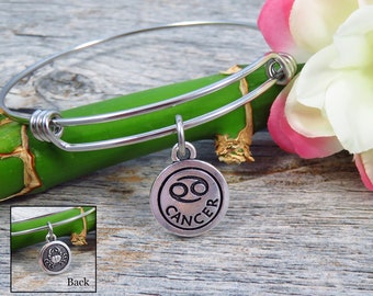 Zodiac Bangle - Cancer - Stainless Steel Bangle - Expandable Bangle - Zodiac Sign - Bracelet with Charm - Astrological Sign - Horoscope