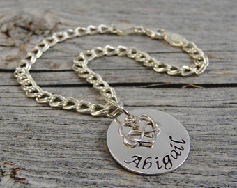 Hand Stamped Jewelry - Personalized Jewelry - Mom Bracelet - Sterling Silver Charm Bracelet - 1 to 6 charms -  Name and Infinity Heart Charm