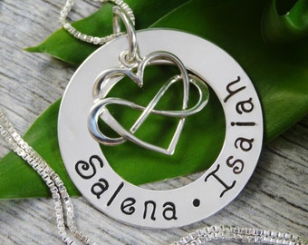 Hand Stamped Jewelry - Personalized Jewelry - Mothers Necklace - Sterling Silver Necklace - Two Names - Heart Infinity Charm