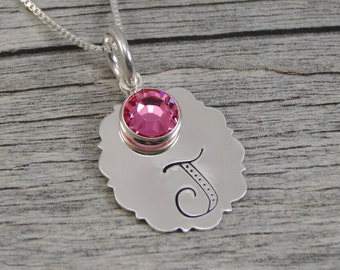 Hand Stamped Jewelry - Personalized Jewelry - Initial Necklace - Sterling Silver Necklace - One Swarovski Birthstone - Fancy Oval