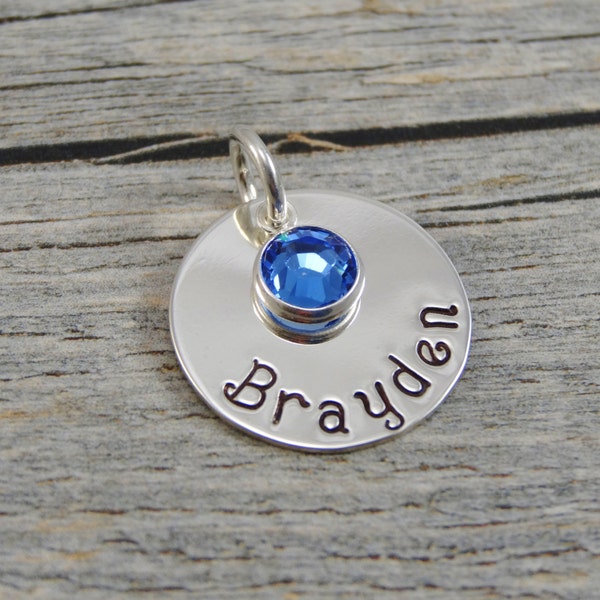 Hand Stamped Jewelry - Personalized Jewelry - Charm For Necklace - Sterling Silver Circle - Name & Birthstone