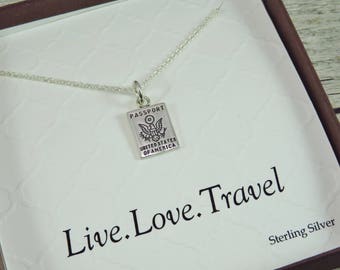Passport Necklace - Sterling Silver Necklace - Passport Charm - Travel Necklace - Gift For Traveler - Live Love Travel - Travel Pendant