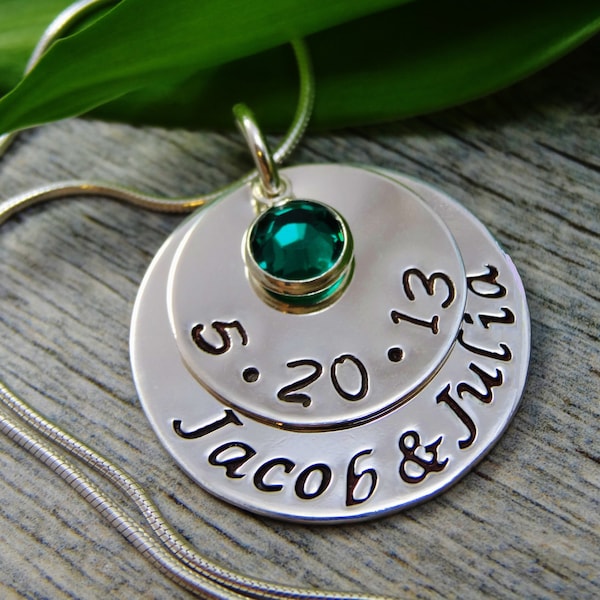 Hand Stamped Jewelry - Personalized Jewelry - Mom Necklace - Sterling Silver Necklace - Twin Necklace - Two Names One Birthstone - Date