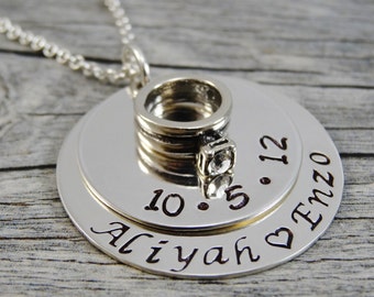 Hand Stamped Jewelry - Personalized Jewelry - Wedding Jewelry - Sterling Silver Couples Necklace - Engagement Ring Charm - Two Stack