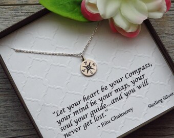 Sterling Silver - Compass Necklace - Let Your Heart Be Your Compass - Inspirational Jewelry - Compass Charm - Graduation Gift