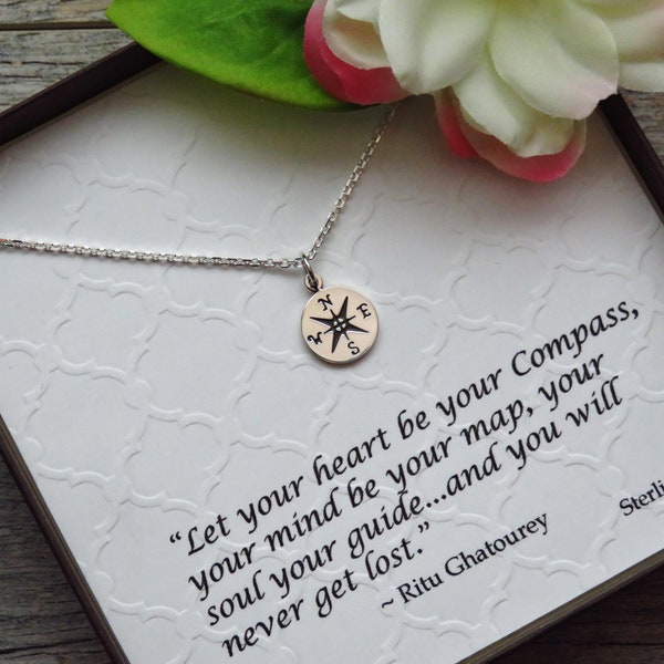 Sterling Silver - Compass Necklace - Let Your Heart Be Your Compass - Inspirational Jewelry - Compass Charm - Graduation Gift