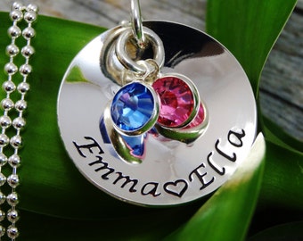 Hand Stamped Jewelry - Personalized Jewelry - Mother Necklace - Sterling Silver Necklace - Two Names Two Birthstones - Cupped