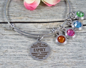 Family Bangle - Stainless Steel Expandable Bangle - Mom Bracelet - Gift for Mom - Birthstones - Mom Jewelry - Gift for Grandma