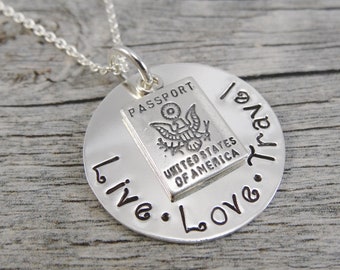 Hand Stamped Jewelry - Personalized Jewelry - Live Love Travel Necklace - Sterling Silver Necklace - Passport Charm