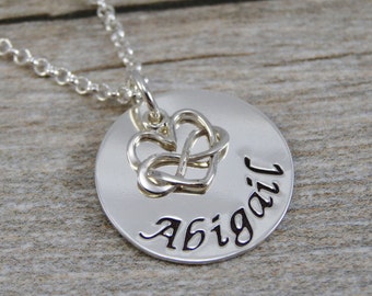 Mom Necklace - Hand Stamped Jewelry - Personalized Jewelry - Sterling Silver Necklace - Tiny Infinity Heart Charm - Name