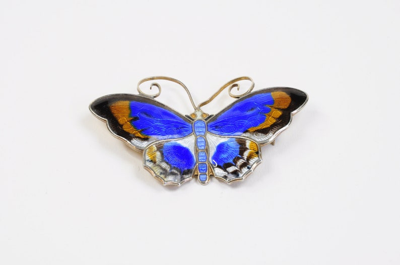 David-Andersen Butterfly Brooch in Cobalt Enamel with Guilloche Wings