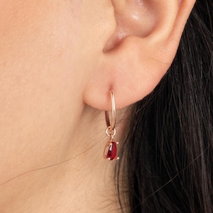 14k Gold Ruby Hoop Earrings, Red Ruby Dangle Drop Earrings, Ruby Huggies Hoop Earrings, Birthstone Earrings, Gemstone Earrings, Ruby Jewelry