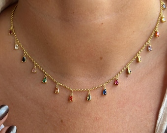 マルチカラー ティアドロップ ステーションネックレス | 14K ゴールド