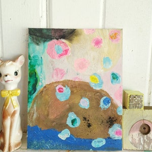 Fun original art abstract landscape small modern ochre joy mountain contemporary art painting mixed media canvas pink glitter australia