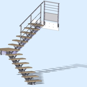 Op de afbeelding: Gedetailleerde architectonische weergave van een trap. De trap heeft houten treden die worden ondersteund door een metalen frame. Een metalen leuning loopt langs de zijkant. Het ontwerp omvat een bordes en een gedeeltelijke muur.