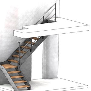 Può includere: Rendering architettonico di un moderno design di scale. Le scale presentano gradini in legno, una struttura in metallo e un corrimano. Il design include un pianerottolo ed è ambientato contro un muro neutro.