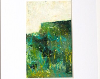 Green Landscape Original Painting, Abstract Art in Mixed Media on Paper