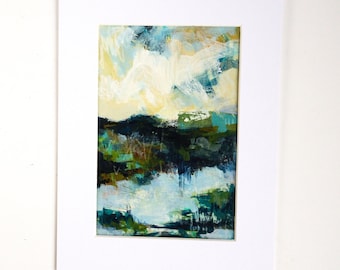 Small Original Landscape Painting on Paper, Abstract Acrylic Art in Blues & Greens with White Mount