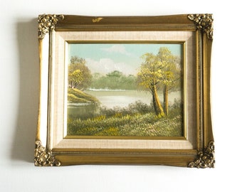 Vintage Landscape Art in Ornate Gold Frame, Traditional Painting with Trees and Lake