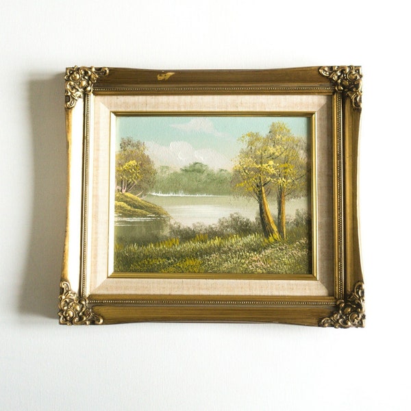 Vintage Landscape Art in Ornate Gold Frame, Traditional Painting with Trees and Lake