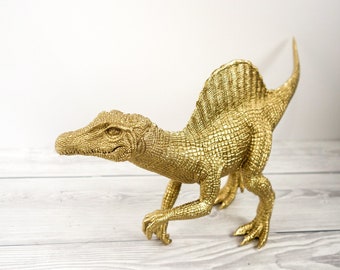 Large Spinosaurus Dinosaur Ornament: Gold Animal Figure, Unusual Fun Home Decoration, Up-Cycled