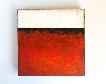 Textured Abstract Original Painting; Red, White & Black Minimalist Landscape Art on Small Square Wood Panel