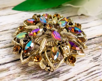 Vintage Brooch with Iridescent 'Aurora Borealis' Stones, Sparkly Costume Jewellery Pin, Fashion Lover Gift