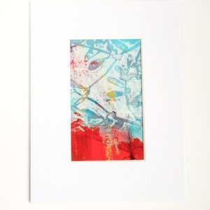 original abstract painting on paper, small acrylic art in red and teal