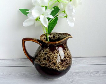 Brown Ceramic Milk Jug, Lava Drip Honeycomb Glaze Pottery, Vintage English Kitchenware.