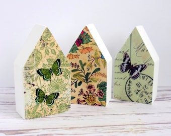 Little wooden houses with butterflies, unusual Mother'd Day or 5th anniversary gift.