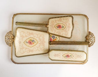 Vintage Dressing Table Set: Filigree Vanity Tray, Hand Mirror, Hair Brush & Clothes Brush with Ornate Floral Petit Point Embroidery and Lace