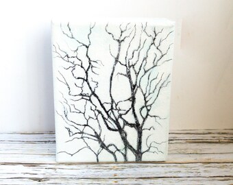 Tree Painting on Canvas, Original Modern Winter Landscape, Small Monochrome Wall Art