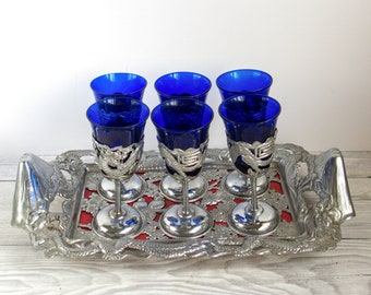 Vintage Blue Cordial Glasses on Chrome Tray, Saki Set of 6, Ornate Oriental Dragons