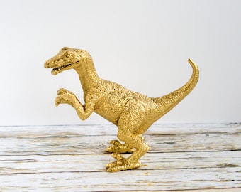 Velociraptor Figure, Free-standing Gold Ornament, Gift for Adult Dinosaur Lover