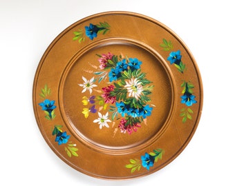Vintage Wooden Plate, Round with Hand-Painted Floral Toleware Pattern 11" Approx.