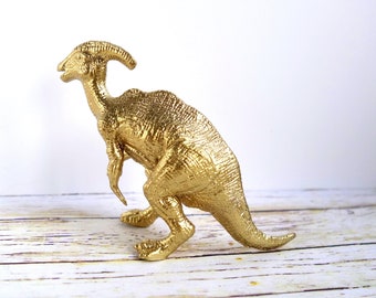 Small Gold Dinosaur Ornament, Parasaurolophus Up-Cycled Decor for Plant Pots or Terrariums