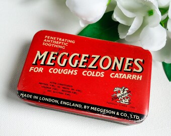 Red Vintage Tin, Meggezones Cold Lozenges, Old Pharmacy Metal Box with Lid, British Collectibles
